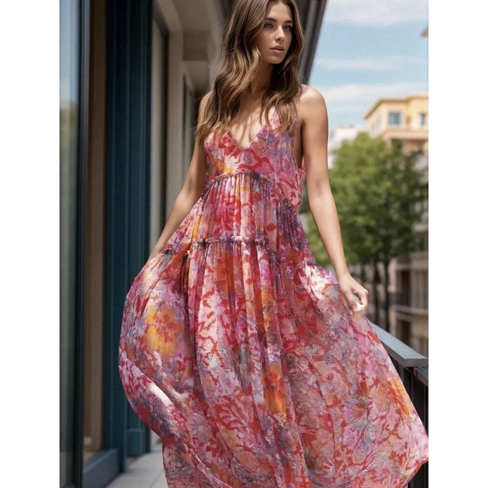 Free People Julianna Maxi Dress Red Cherry Floral XS Boho Cottagecore Fairy